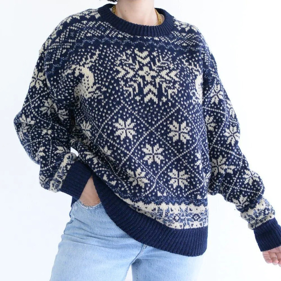 Vintage Environmental  Clothing Co Made USA 85% Wool Navy/ Cream Winter Design L - Picture 3 of 12